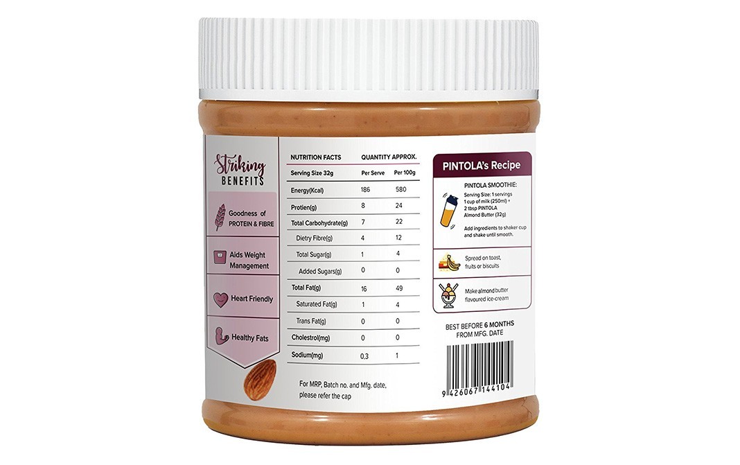 Pintola Almond Butter Crunchy All Natural   Jar  350 grams
